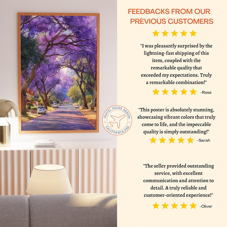 May include: A framed art print featuring a watercolor painting of a tree-lined street with purple flowering trees. The artwork has a warm wooden frame. The print is from Travel House Design California USA.