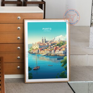 May include: A vintage travel poster with a blue and green color scheme featuring a cityscape of Porto, Portugal. The poster has the text "PORTO PORTUGAL" at the top.