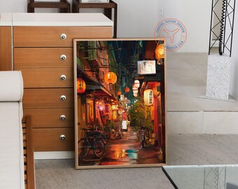 Tokyo Japan Oil Painting – Lantern Street Night Scene Wall Art