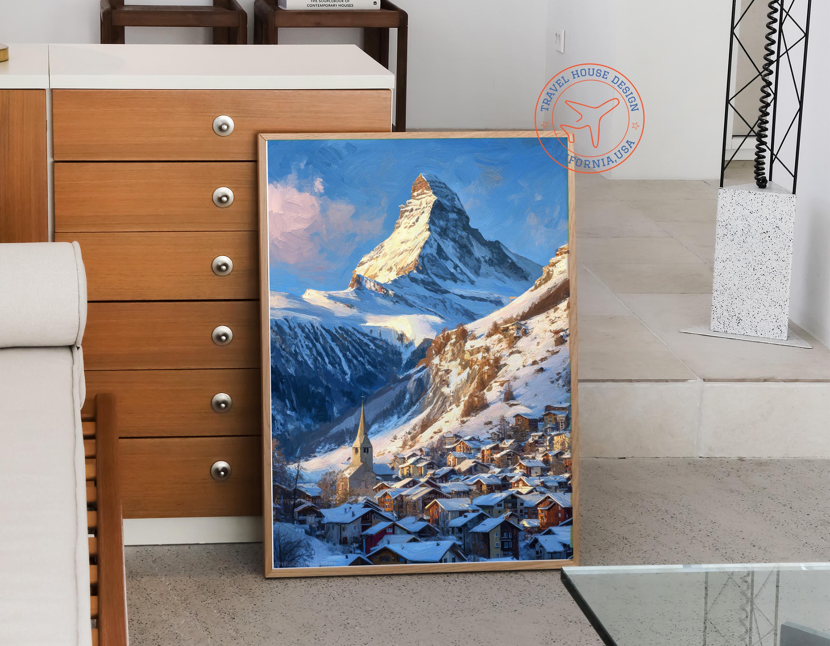 ツェルマット（スイス）の油絵 – マッターホルンの冬の風景、アルプス
