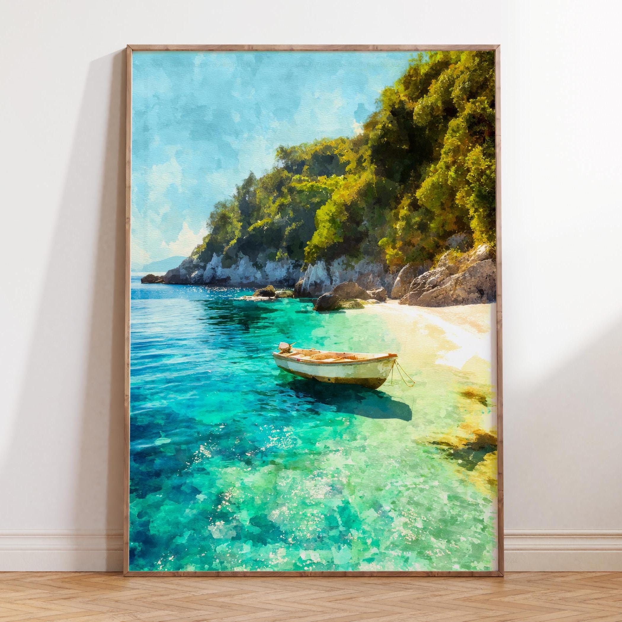 Pelion Greece Watercolor Poster, Coastal Mediterranean Print