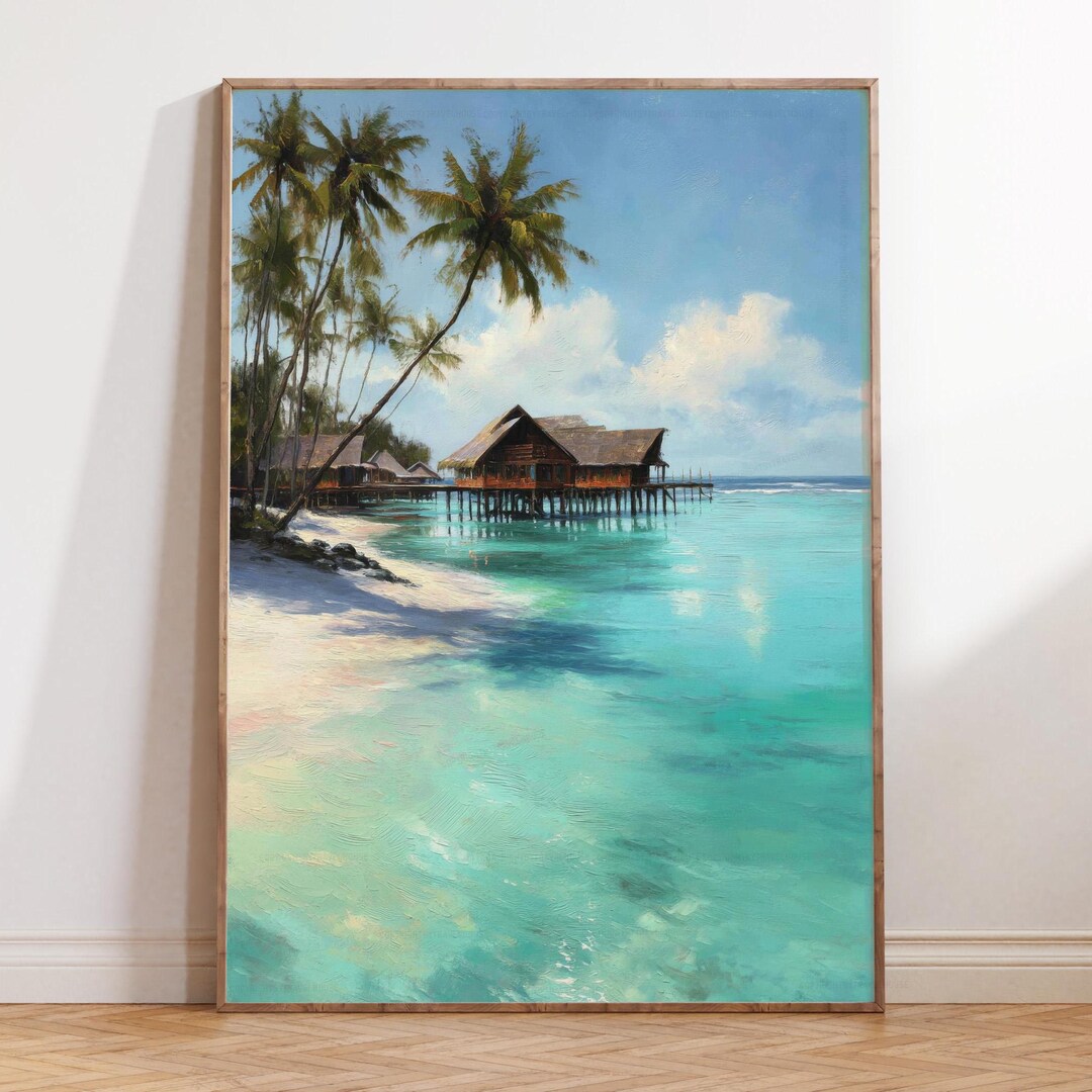 Maldives Beach Villa, Oil Painting Print, Tropical Ocean View Wall Art ...