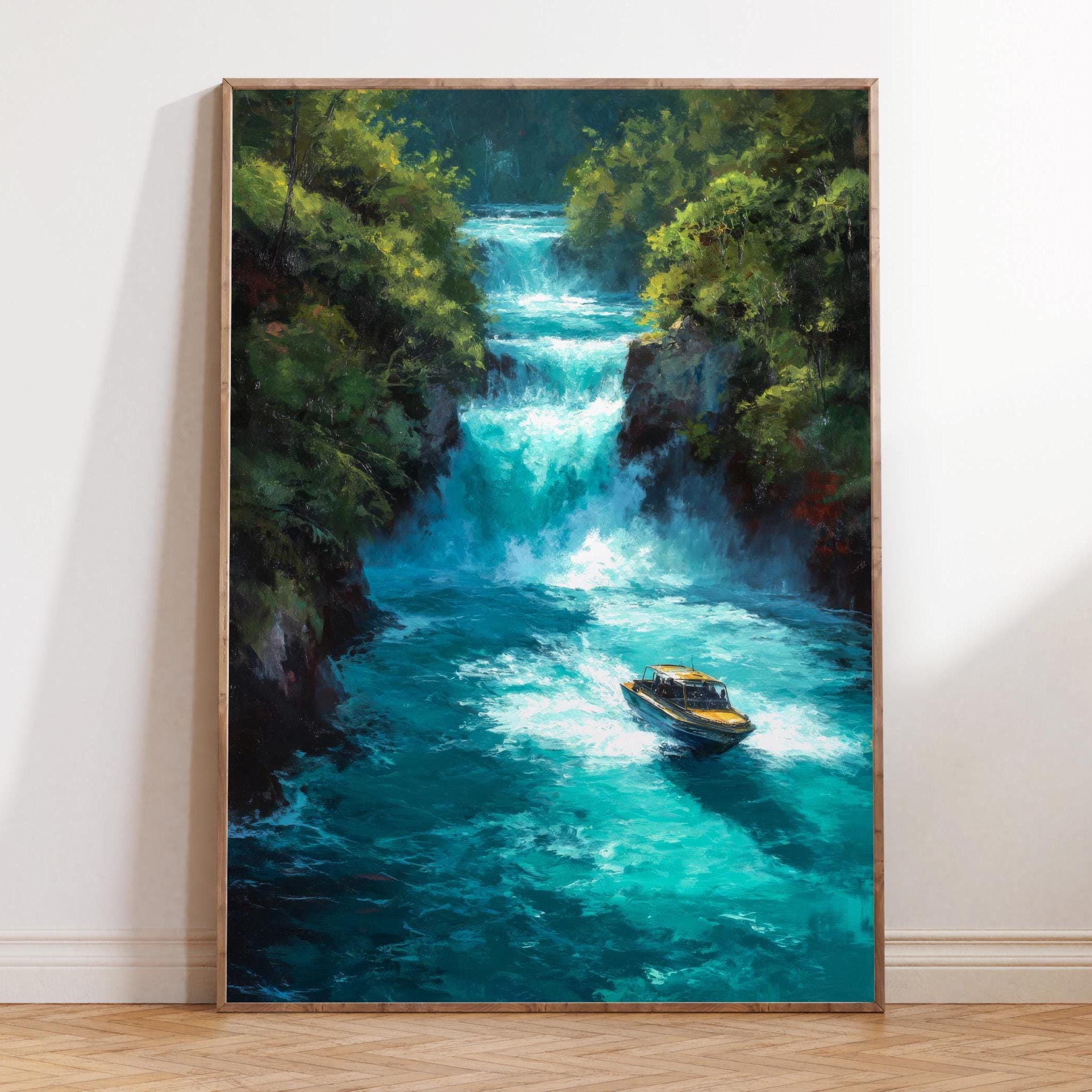 Oil Painting Huka Falls New Zealand Travel Poster, NZ Wall Art