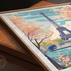 May include: A colorful illustration of the Eiffel Tower in Paris, France. The tower is surrounded by pink and white cherry blossoms and a river with a boat. The sky is blue with white clouds.