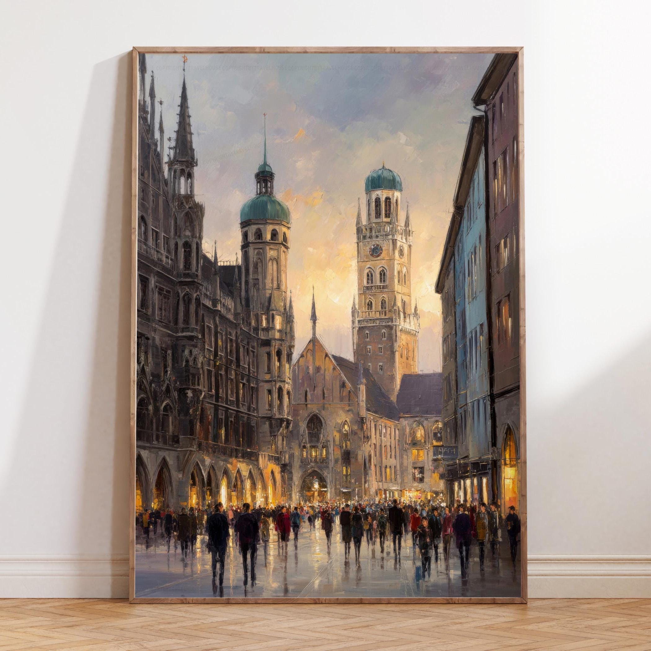 Munich Germany Oil Painting – Marienplatz Cityscape Wall Art