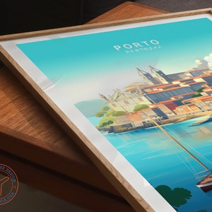 May include: A colorful illustration of the city of Porto, Portugal. The illustration features a cityscape with buildings, a river, and a sailboat. The text "PORTO PORTUGAL" is displayed at the top of the image.