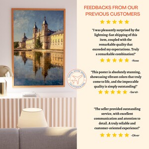 May include: A framed art print featuring a detailed painting of a grand building reflected in water. The artwork has a warm color palette with a wooden frame. The print is from Travel House Design, California, USA.