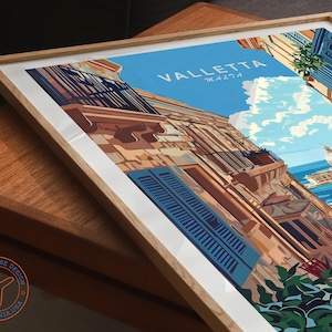 May include: A colorful illustration of Valletta, Malta, featuring a cityscape with buildings, balconies, and a blue sky with white clouds. The text "Valletta, Malta" is written in a white font on a blue background.