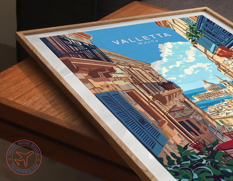 May include: A colorful illustration of Valletta, Malta, featuring a cityscape with buildings, balconies, and a blue sky with white clouds. The text "Valletta, Malta" is written in a white font on a blue background.