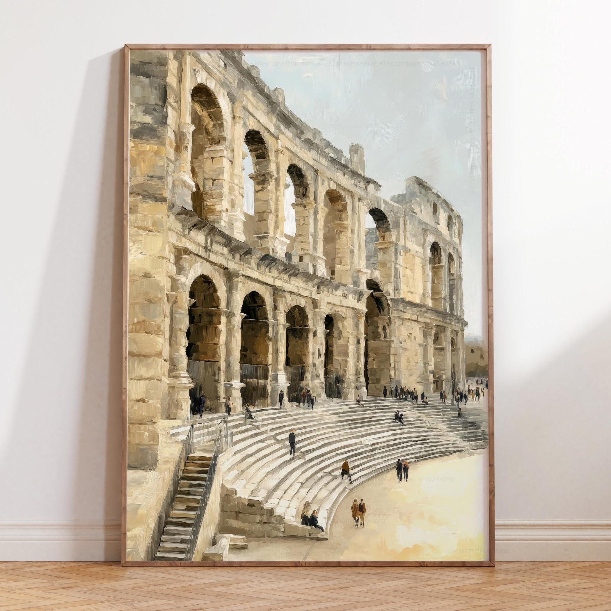 Oil Painting Travel Print, Arles France, Roman Amphitheatre