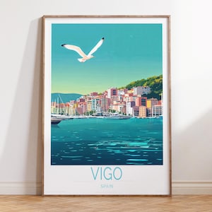 Impresión de viaje de Vigo, España, póster de viaje de España, impresión de arte mural de Vigo, regalos de viaje personalizados, regalos de cumpleaños, regalos de boda