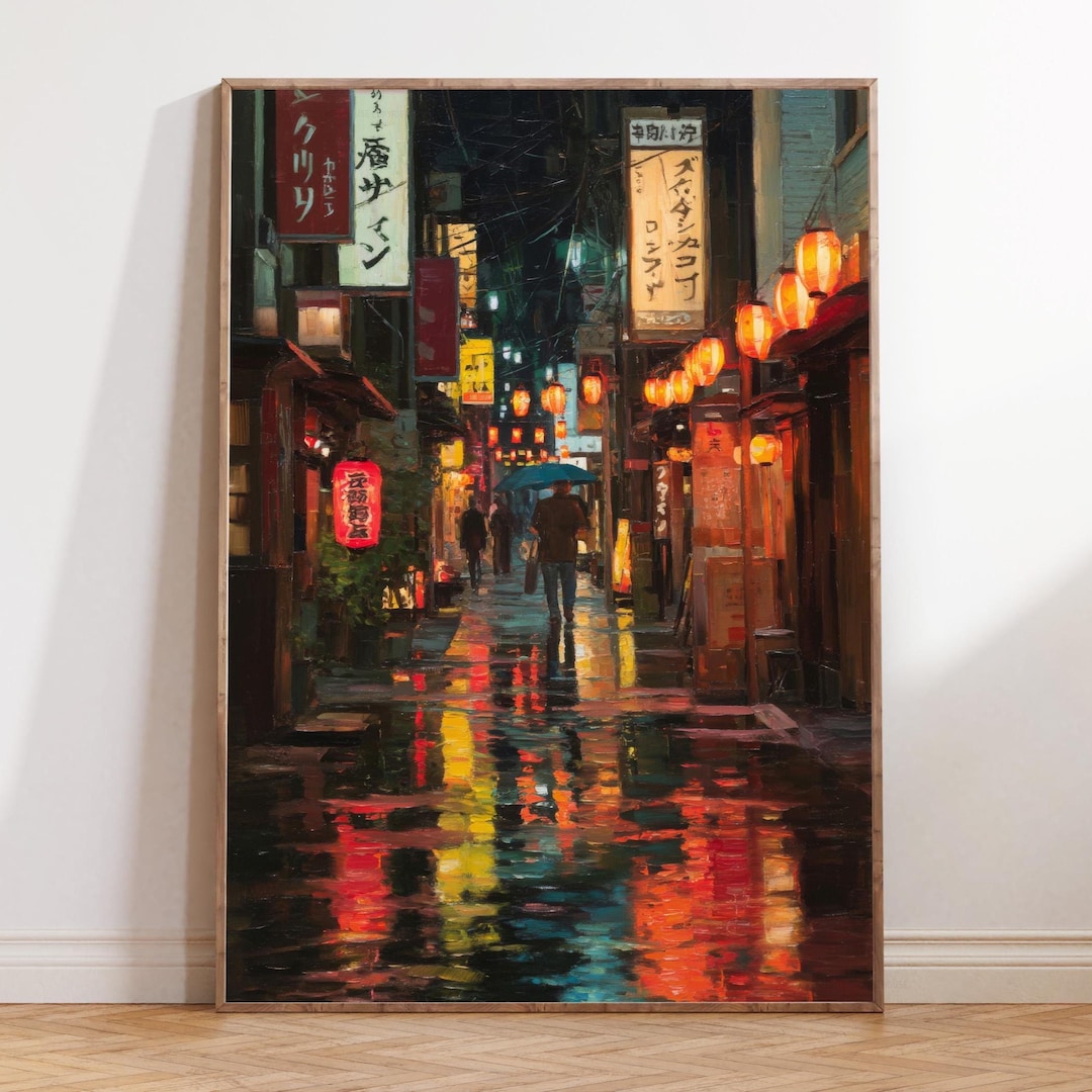 Tokyo Japan Oil Painting Print – Rainy Night Street Scene Wall Art