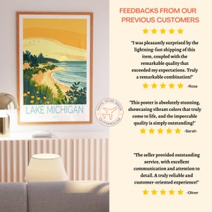 May include: A colorful illustration of Lake Michigan, USA, with a beach, water, and trees. The illustration is framed and hanging on a wall. The image also includes customer reviews with five-star ratings and positive comments about the product.