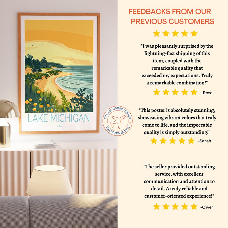 May include: A colorful illustration of Lake Michigan, USA, with a beach, water, and trees. The illustration is framed and hanging on a wall. The image also includes customer reviews with five-star ratings and positive comments about the product.