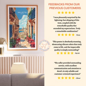 May include: A colorful poster of Valletta, Malta, with a view of the city from a narrow street. The poster features a vibrant color palette and a travel house design logo. The poster is surrounded by positive customer reviews.