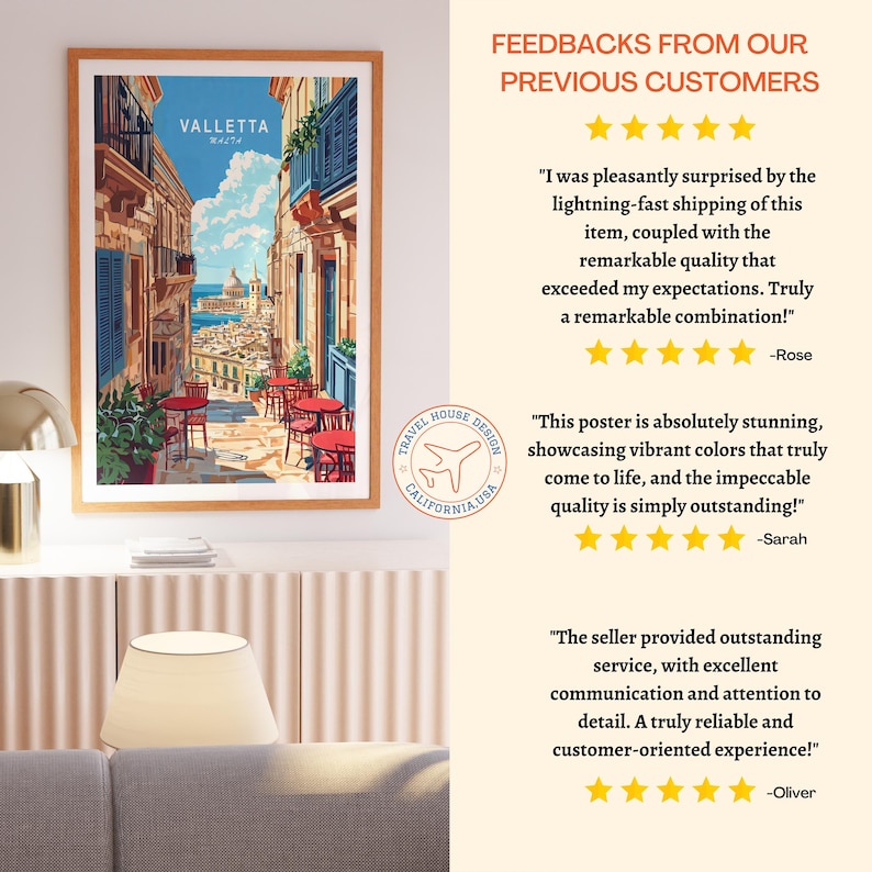 May include: A colorful poster of Valletta, Malta, with a view of the city from a narrow street. The poster features a vibrant color palette and a travel house design logo. The poster is surrounded by positive customer reviews.