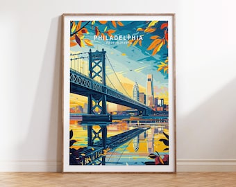 May include: Framed art print of Philadelphia, Pennsylvania, featuring a stylized illustration of a bridge over water. The artwork uses a vibrant color palette of blues, yellows, and oranges, with the city skyline in the background.