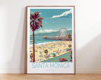 Póster de viaje de Santa Mónica, California, arte mural de viaje de California, impresión de Santa Mónica, regalo de boda, regalos de cumpleaños