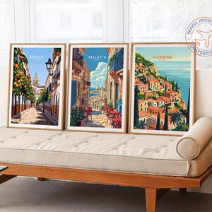 May include: Three framed travel posters with colorful illustrations of cityscapes. The posters are titled "Seville", "Valletta", and "Taormina".