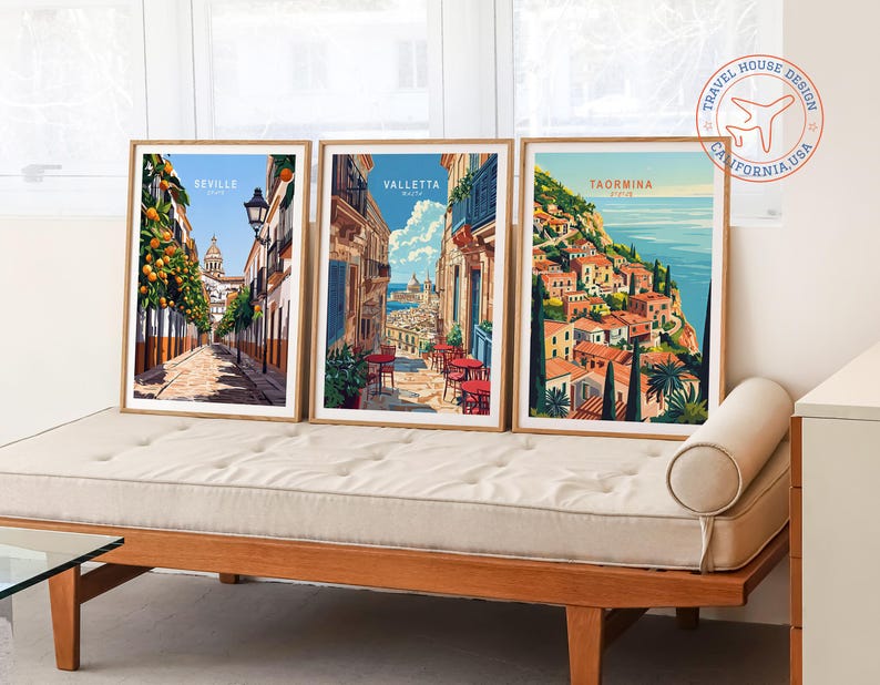 May include: Three framed travel posters with colorful illustrations of cityscapes. The posters are titled "Seville", "Valletta", and "Taormina".
