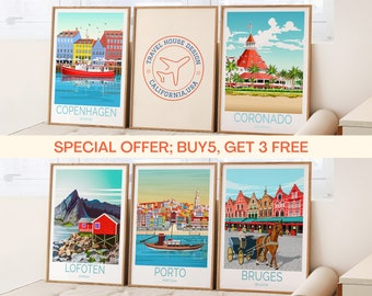 Money Saving Bundle, Buy 5, Get 3 Free, Travel Poster Bundle, Travel Poster Wall Art, Set Of 5 Travel Prints, Any Custom Travel Prints