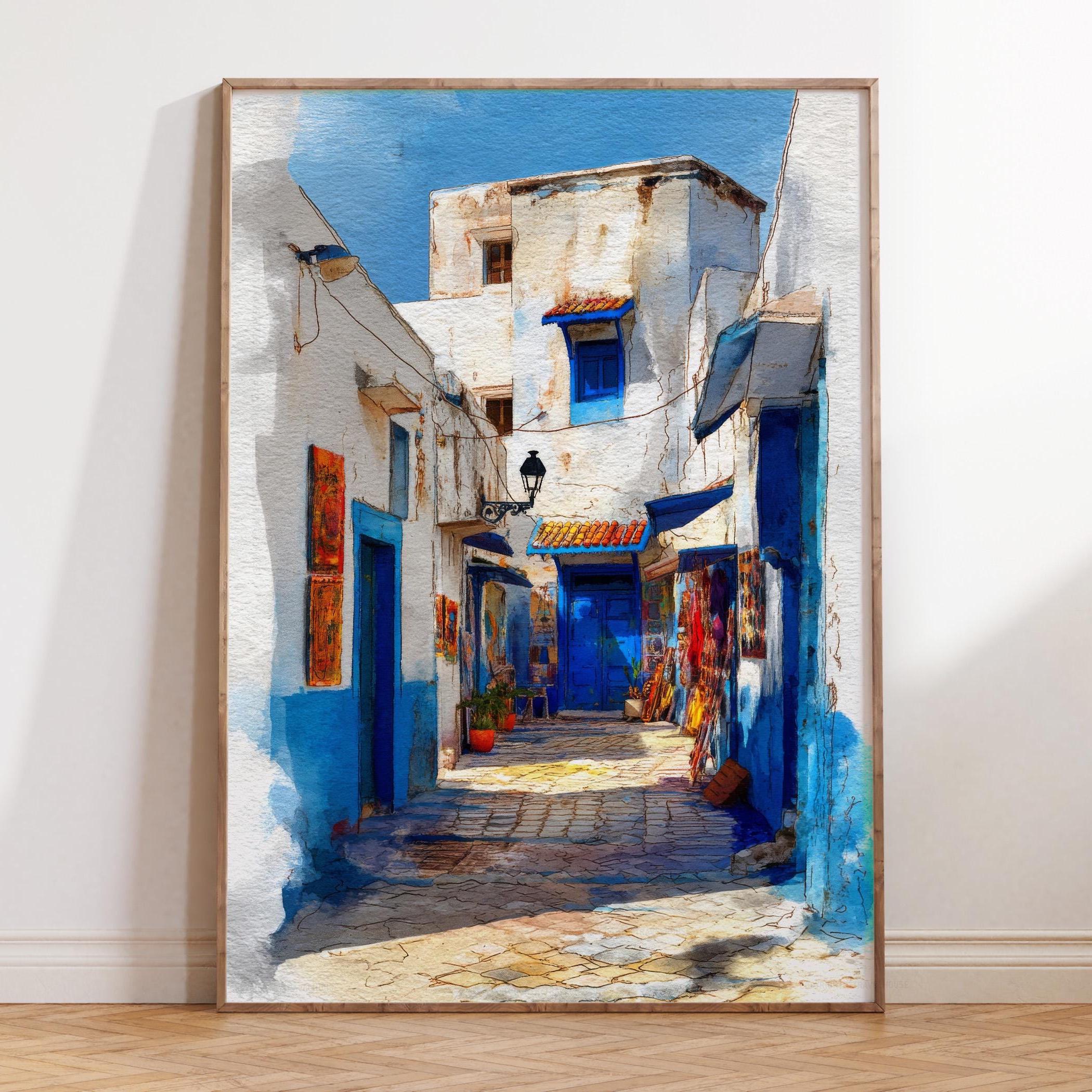 Morocco Asilah Poster, Blue Alley Print, Watercolor Wall Art - Etsy