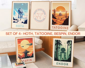 NEW, Set Of 4, Star Wars Planets Poster, Star Wars Tatooine Travel Galaxy Wall Art, Hoth, Bespin, Tatooine, Endor, Star Wars Gift Fan Art