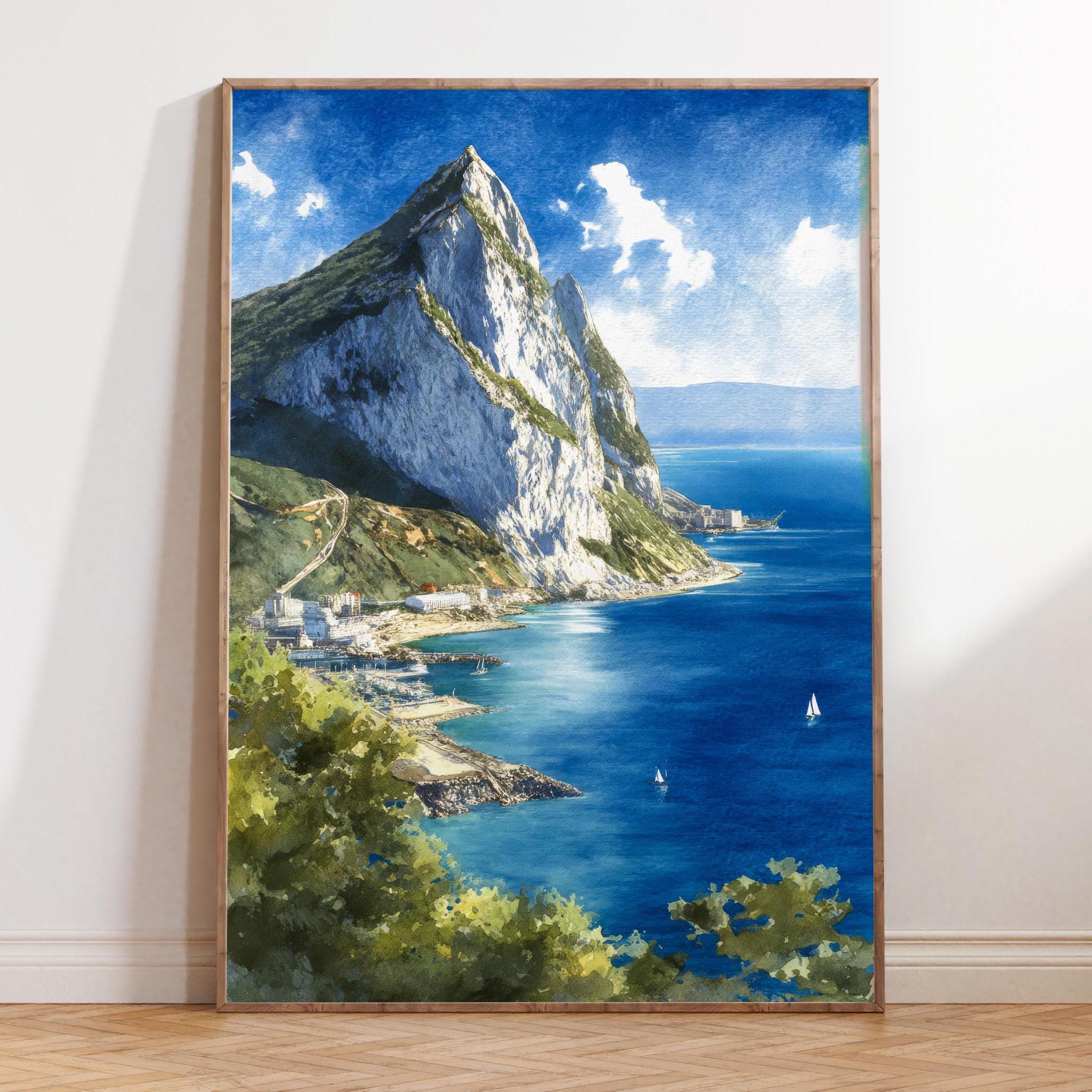 Gibraltar Rock Coastline, Mediterranean View, Watercolor Travel