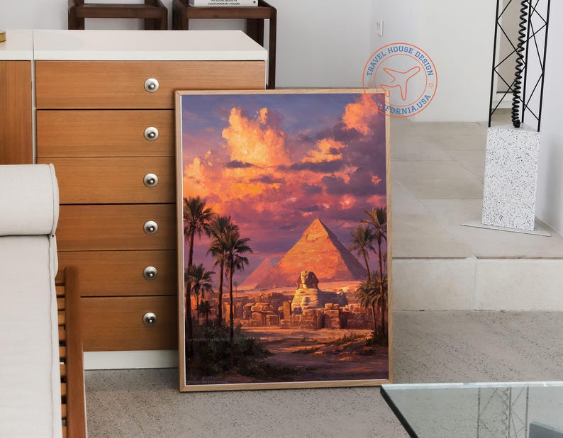 Cairo Egypt Oil Painting Print – Pyramids and Sphinx Sunset Wall Art ...