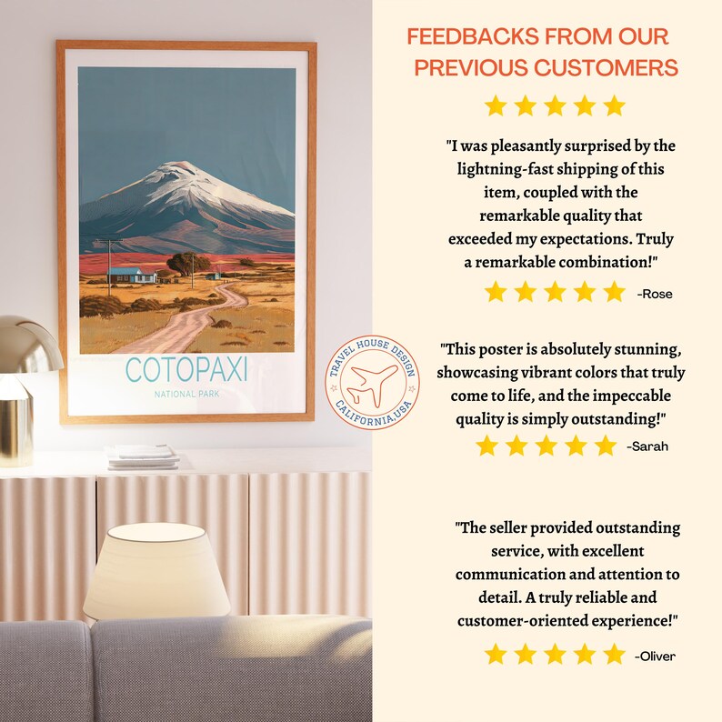 May include: A framed art print featuring a landscape of Cotopaxi National Park. The artwork depicts a snow-capped mountain, a road, and a small building under a blue sky. The print includes the text "COTOPAXI NATIONAL PARK".