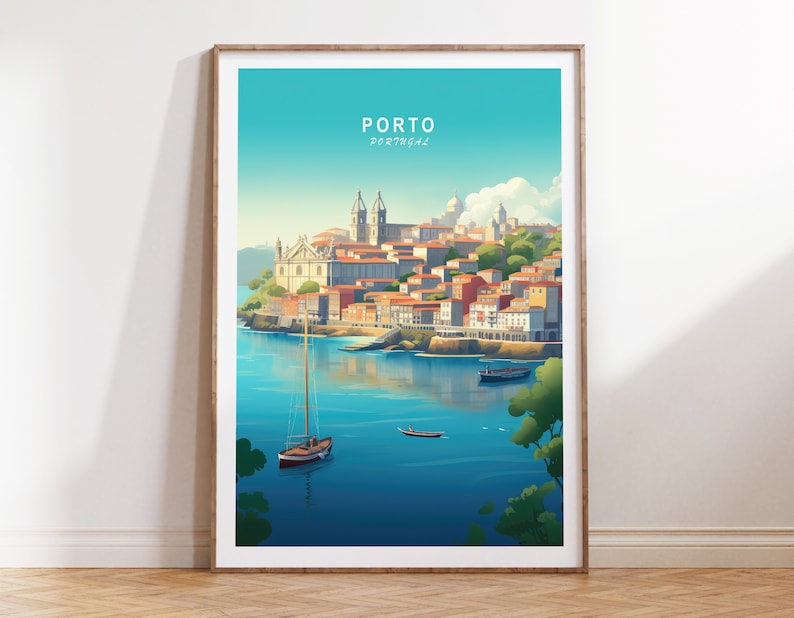 May include: A colorful illustration of the city of Porto, Portugal. The image shows a cityscape with buildings, a river, and a sailboat. The text "PORTO" and "PORTUGAL" is written in white on a blue background.