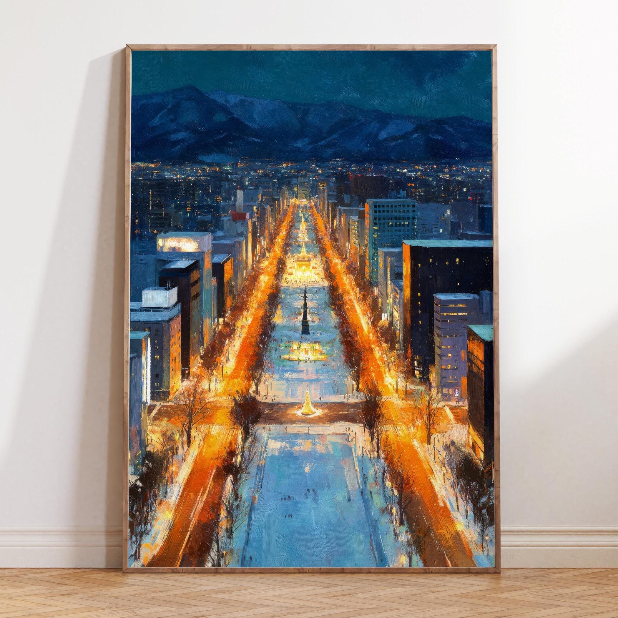 Oil Painting Sapporo Japan, Winter City Lights Avenue, Night