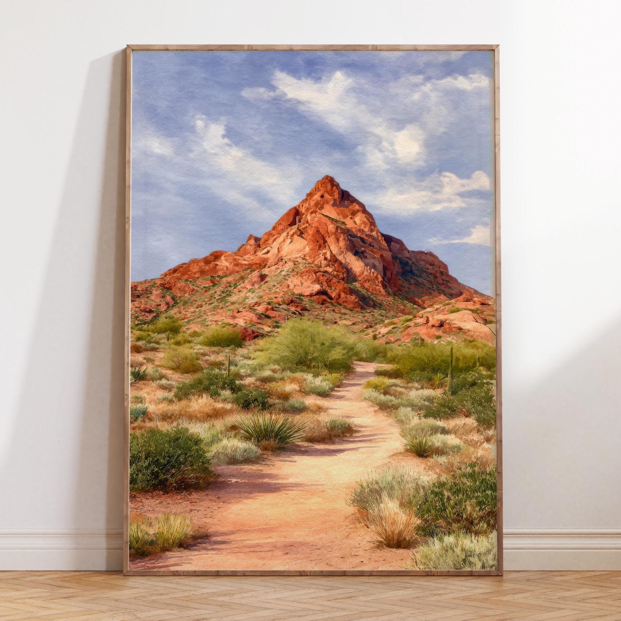 Watercolor Travel Poster, Camelback Mountain, Arizona Desert