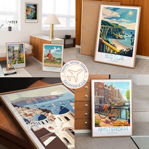 May include: A collection of framed travel art prints featuring scenic destinations. The prints showcase colorful illustrations of locations like Big Sur, Amsterdam, Coronado, and San Francisco. The prints are displayed in a home setting, with a Travel House Design logo.