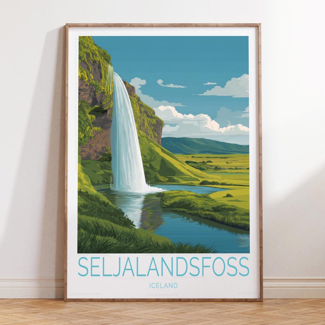 Seljalandsfoss Iceland Travel Poster – Vintage Waterfall Art Print ...