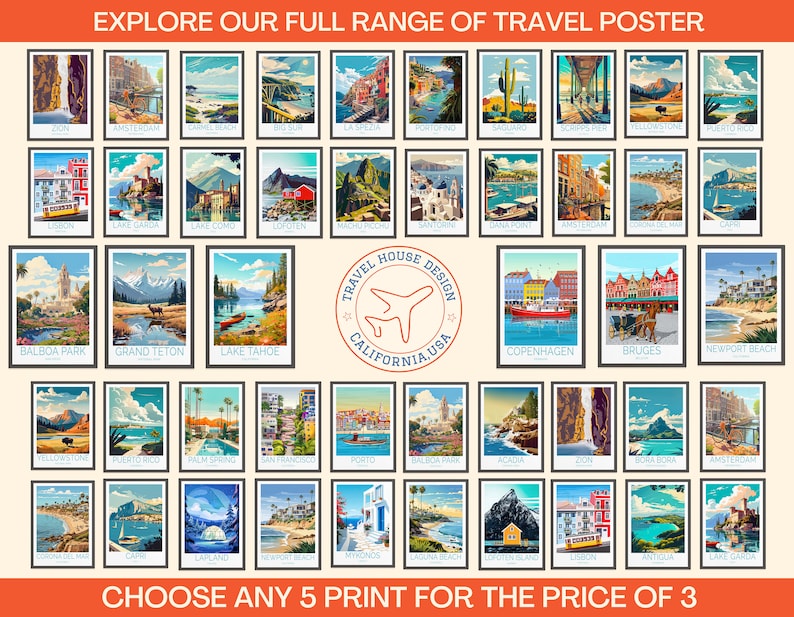 May include: A collage of travel posters featuring various destinations around the world. The posters are in a vintage style with colorful illustrations and text. The text includes the names of the destinations, such as "Grand Teton", "Lake Tahoe", "Copenhagen", and "Bruges". The posters are arranged in a grid pattern on a white background. The text "Choose any 5 print for the price of 3" is at the bottom of the collage.