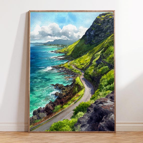 Hawaii Watercolor, Makapuʻu Coastal Road, Tropical Ocean Landscape