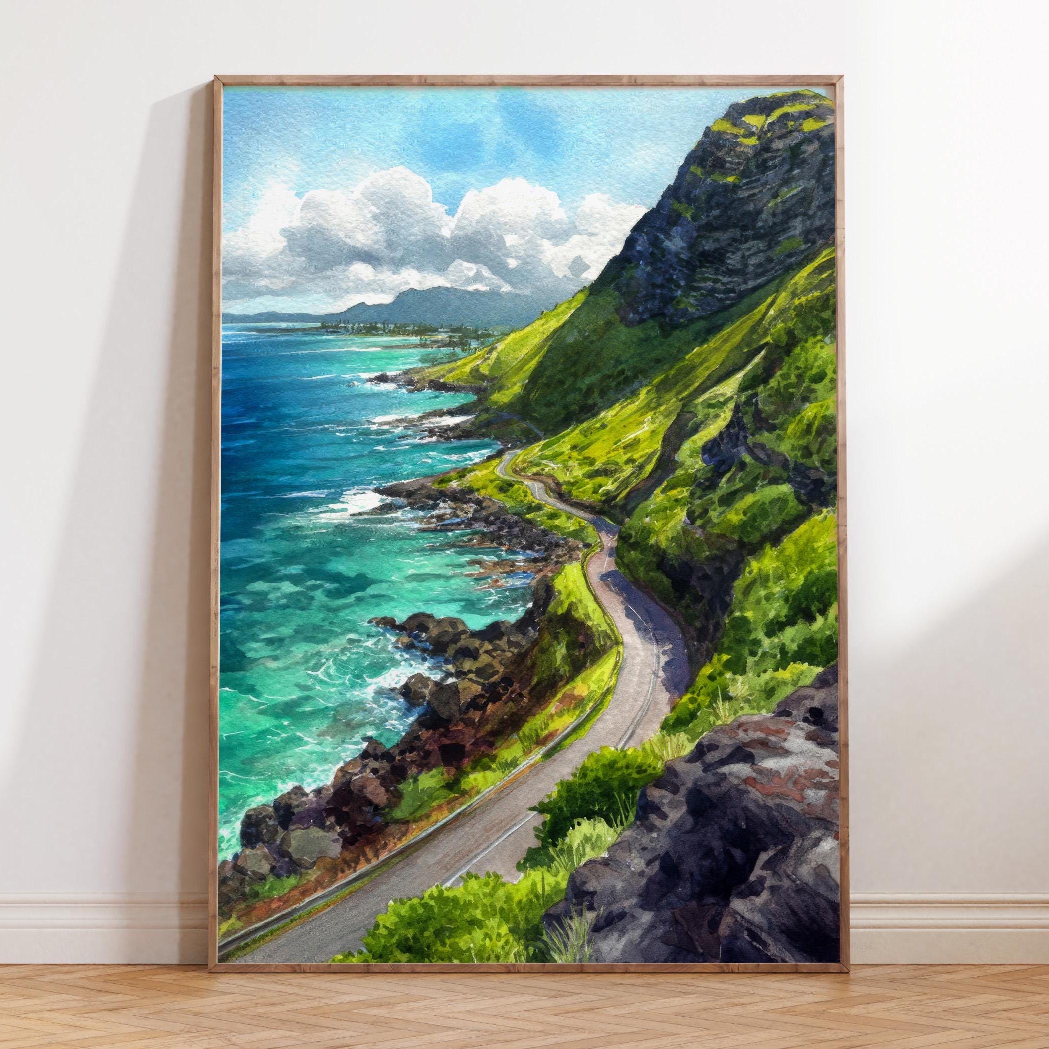 Hawaii Watercolor, Makapuʻu Coastal Road, Tropical Ocean Landscape