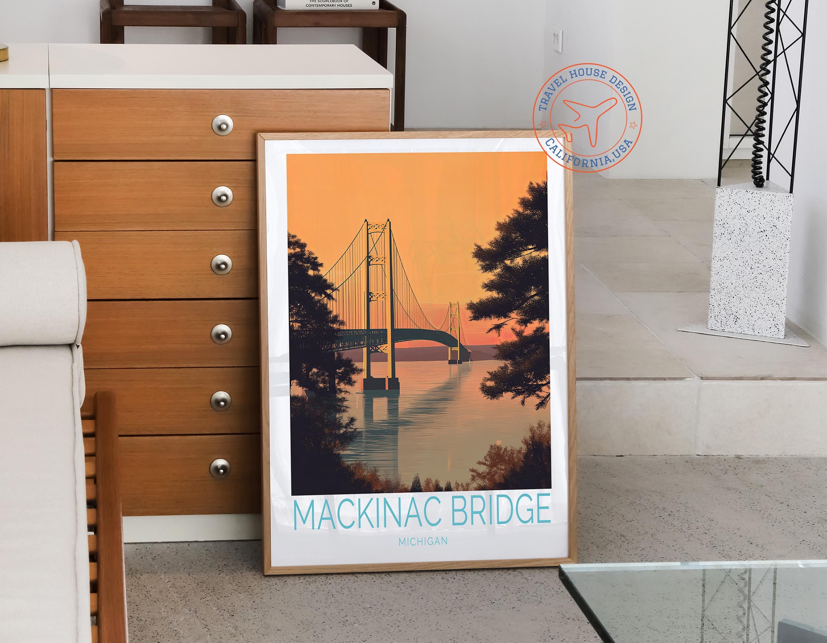 Mackinac Bridge Michigan Travel Print, Michigan Travel Poster