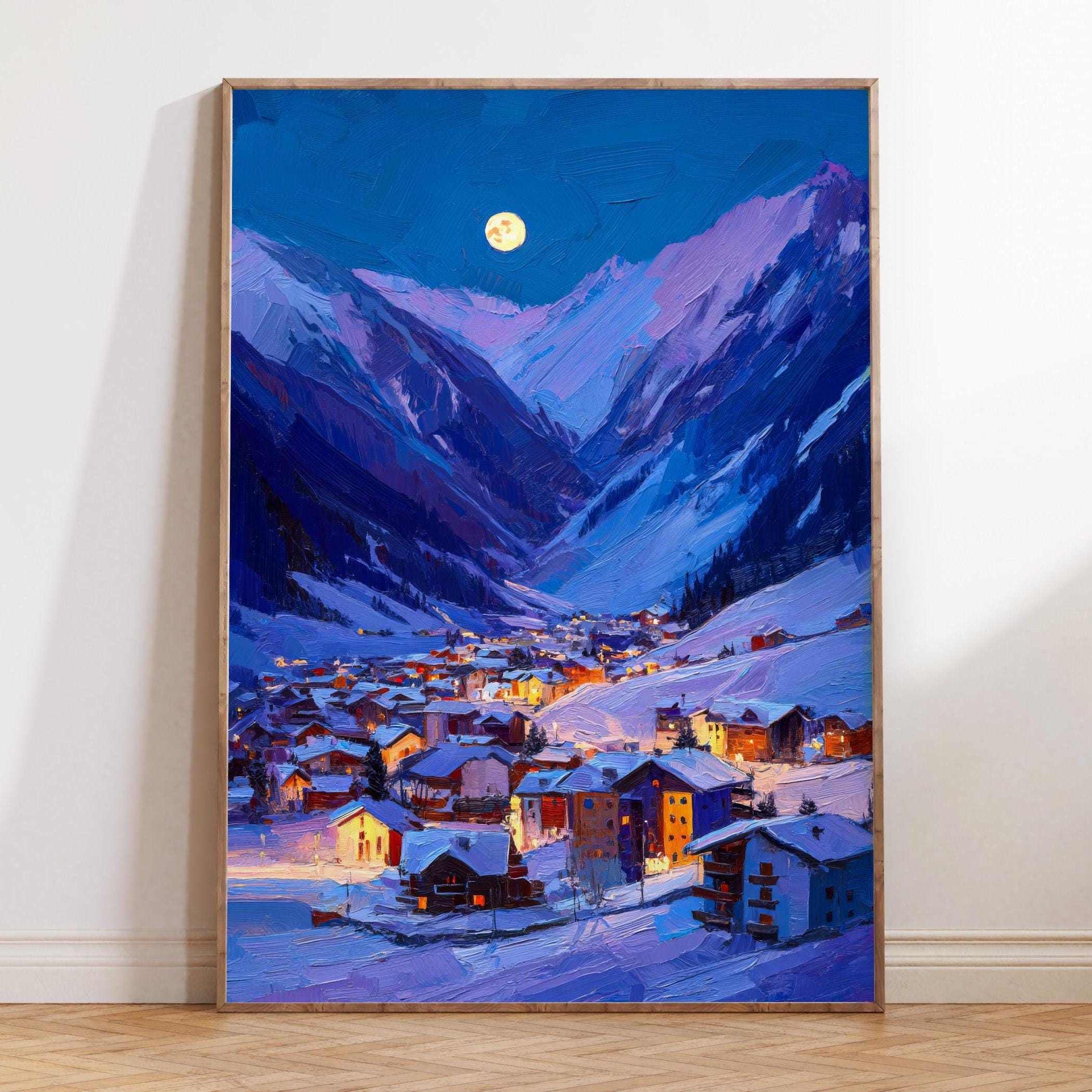Oil Painting Alpine Night, Ischgl Austria, Tyrol Mountain, Winter