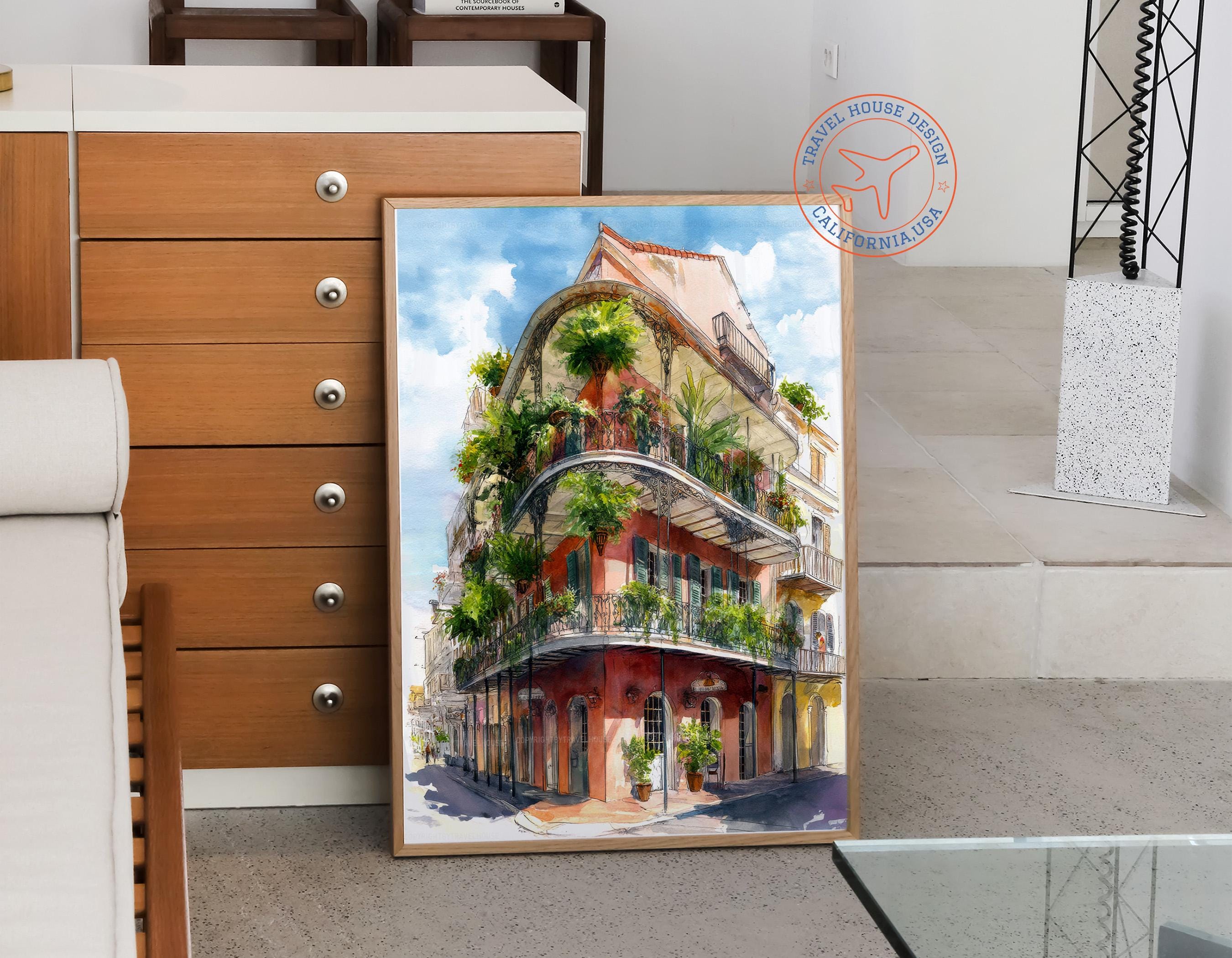 Watercolor Travel Poster, New Orleans French Quarter Corner