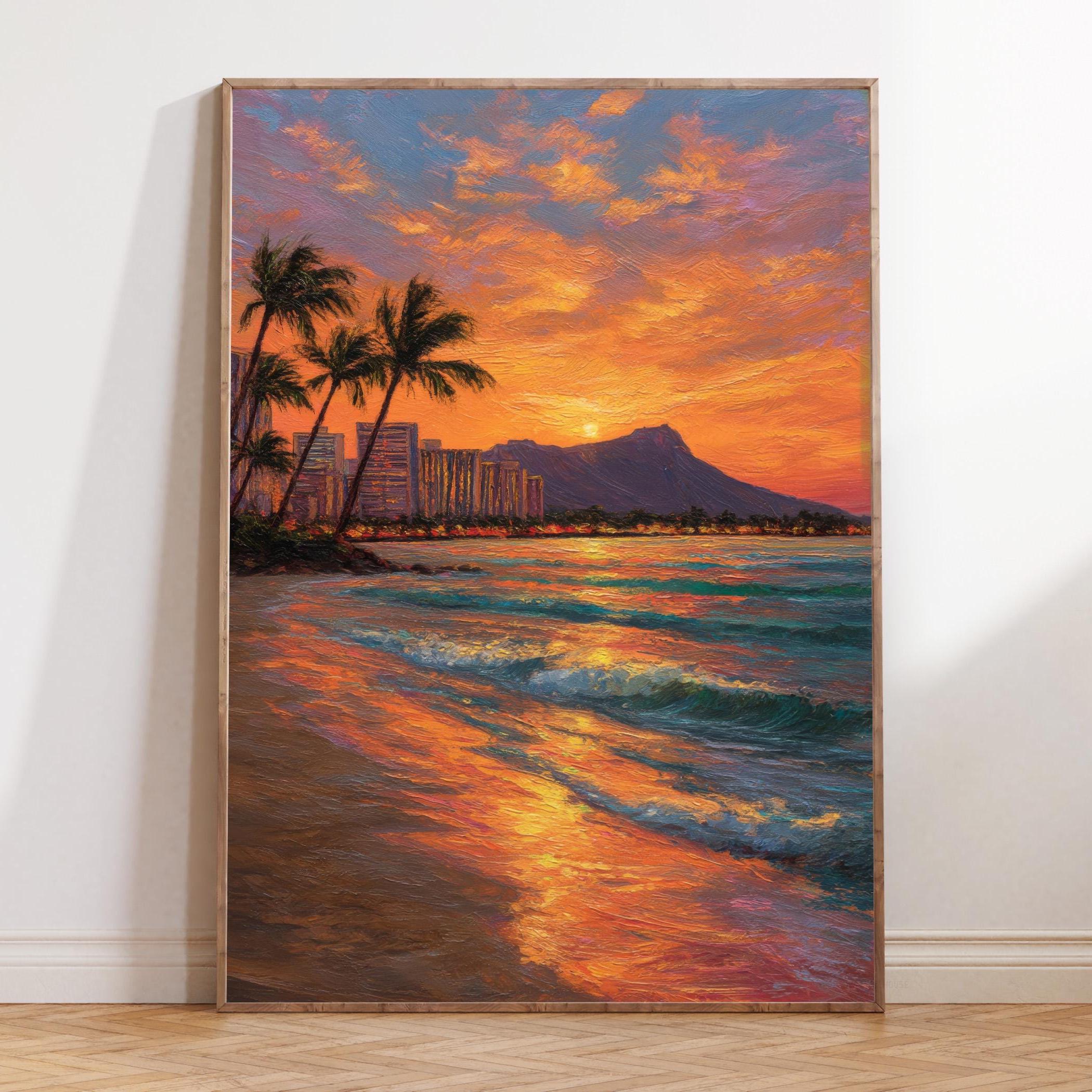 ハワイの夕日の油絵、ホノルルビーチの壁画、ダイヤモンドヘッドの風景