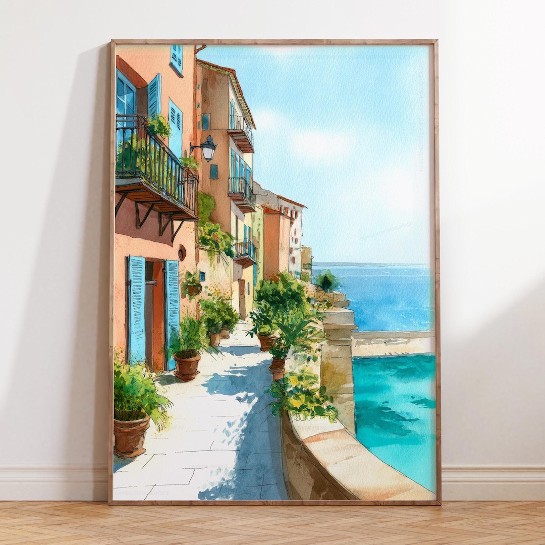 Nice France Coastal Path Travel Print, Mediterranean Watercolor