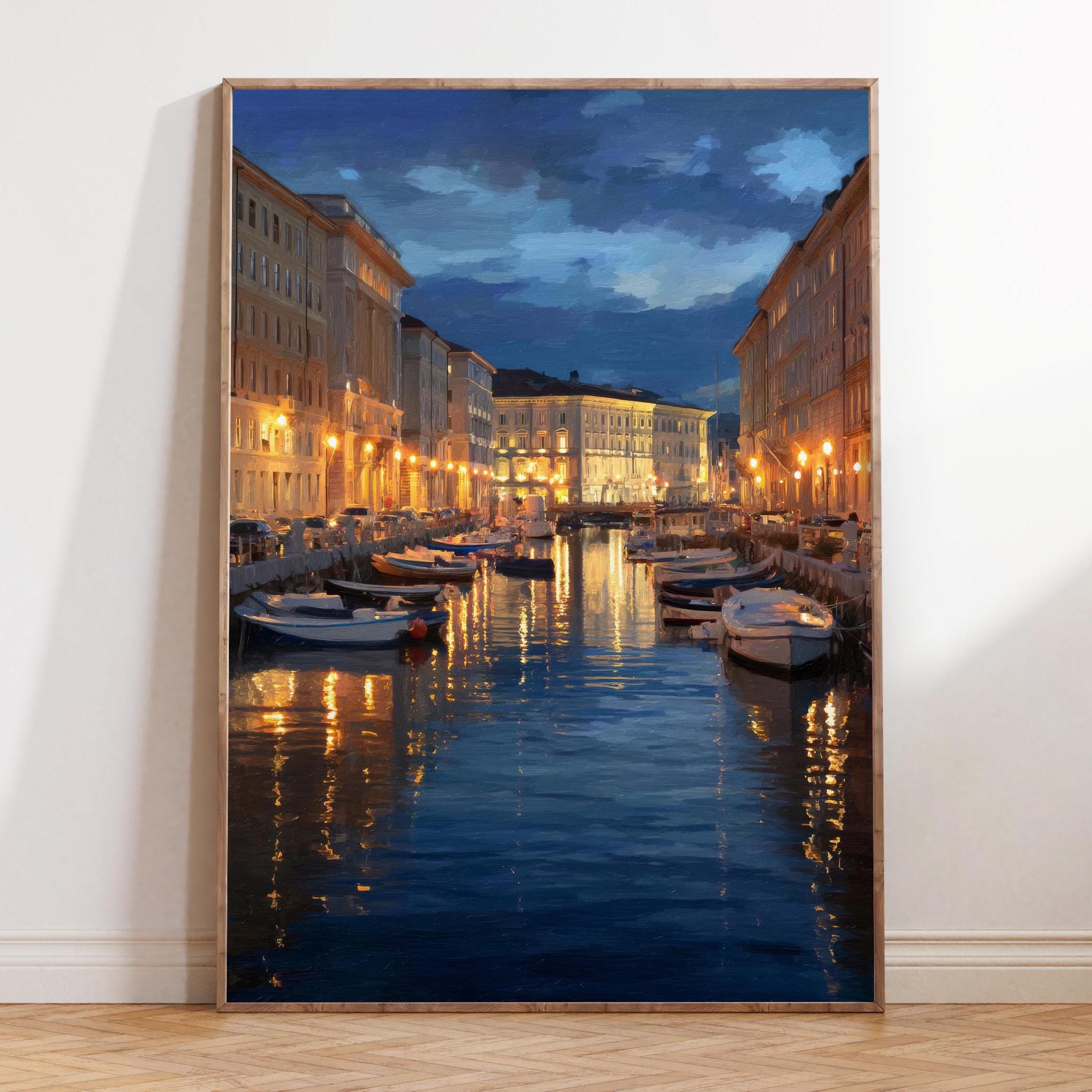 油絵 トリエステ イタリア、カナル・グランデの夜景、イタリアの港