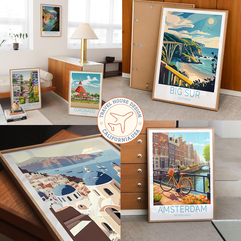 K&ouml;nnte beinhalten: Eine Sammlung gerahmter Kunstdrucke mit Reisethematik, die malerische Reiseziele zeigen. Die Drucke zeigen farbenfrohe Illustrationen von Orten wie Big Sur, Amsterdam, Coronado und San Francisco. Die Kunstwerke werden in verschiedenen Umgebungen pr&auml;sentiert und unterstreichen das dekorative Potenzial der gerahmten Drucke.