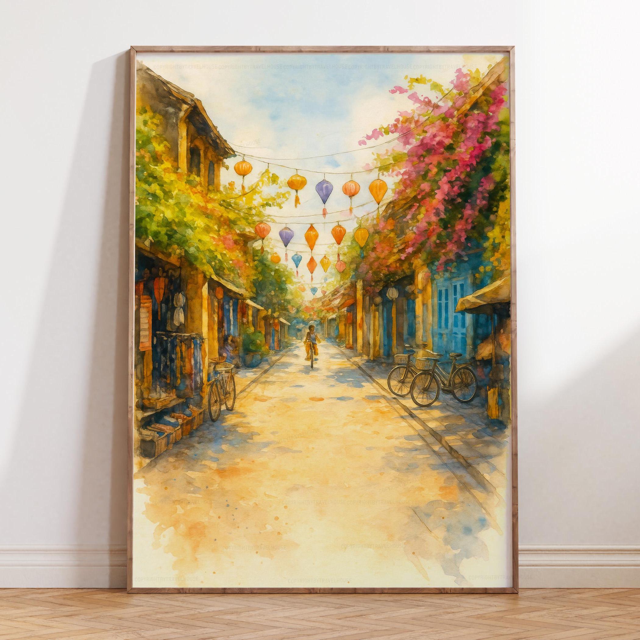 Watercolor Street Scene of Hoi An, Vietnam Lantern Pathway Art