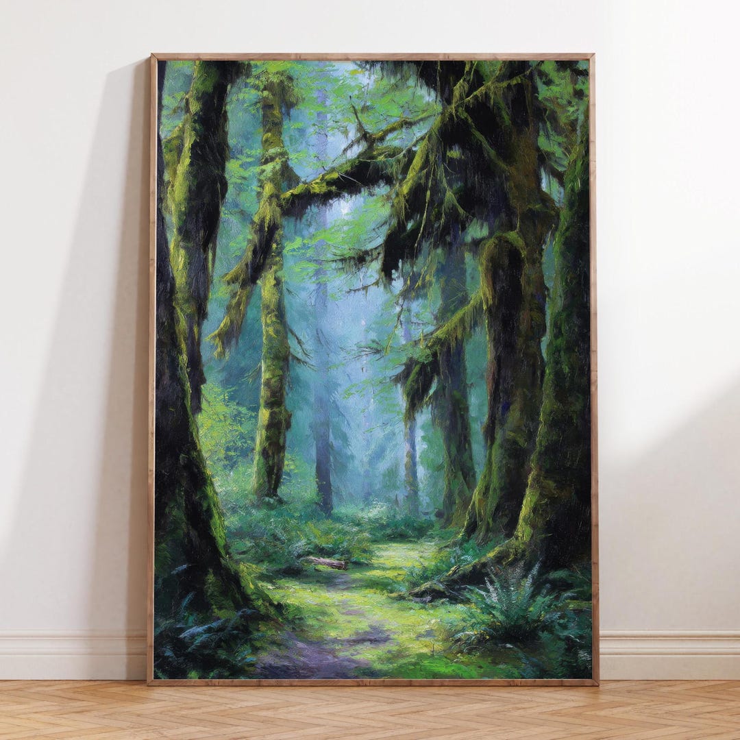 Hoh Rainforest USA Oil Painting, Lush Forest Wall Art, Travel