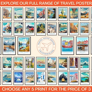 May include: A collection of framed travel posters featuring various destinations, including Zion, Amsterdam, and Lake Tahoe. The posters are arranged in rows and columns, with the text "EXPLORE OUR FULL RANGE OF TRAVEL POSTER" at the top and "CHOOSE ANY 5 PRINT FOR THE PRICE OF 3" at the bottom.