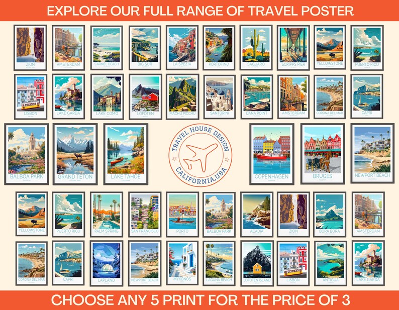 May include: A collection of framed travel posters featuring various destinations, including Zion, Amsterdam, and Lake Tahoe. The posters are arranged in rows and columns, with the text "EXPLORE OUR FULL RANGE OF TRAVEL POSTER" at the top and "CHOOSE ANY 5 PRINT FOR THE PRICE OF 3" at the bottom.
