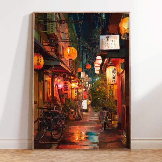 Tokyo Japan Oil Painting – Lantern Street Night Scene Wall Art